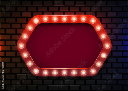 Retro light sign on brick background. Vintage style banner.