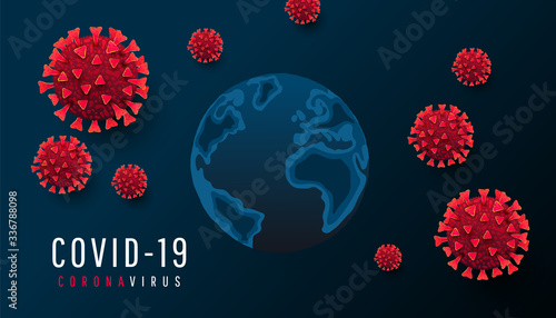 Coronavirus and covid 19 concept. 3d vector global world map with coronavirus cell, bacterium or microbes on a dark horizontal background with text
