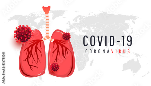COVID-19 pandemic concept. Human lungs and coronavirus cells on a world map