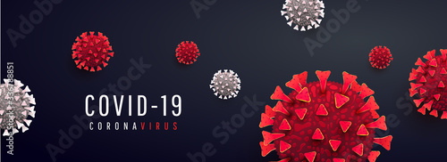 Coronavirus covid-19 global pandemic epidemic virus or bacteria infection cells on dark horizontal background
