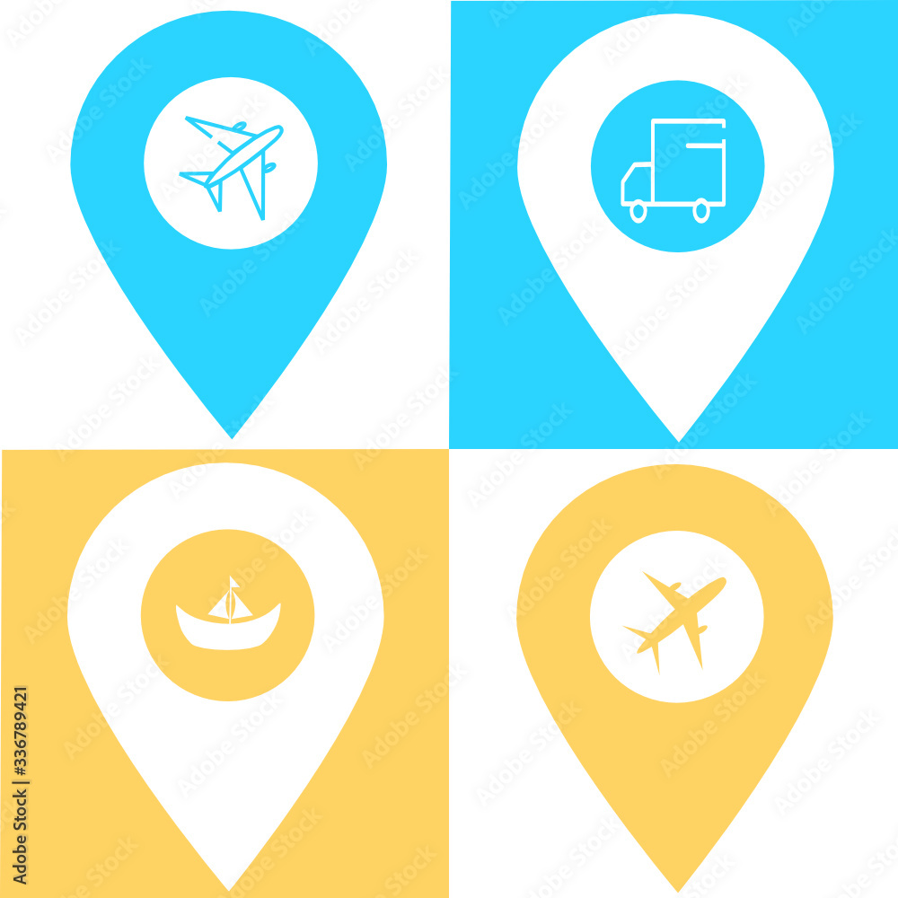 Set of bus, truck, car, airport, boat, ship location map pin pointer icon. Element of map point for mobile concept and web apps. Icon for website design and app development. Premium travel icon sign Set of bus, truck, car, airport, boat, ship location map pin pointer icon. Element of map point for mobile concept and web apps. Icon for website design and app development. Premium travel icon sign