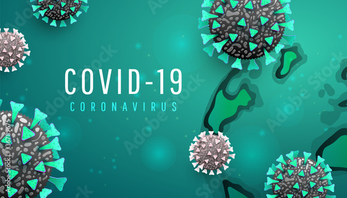 Covid-19. Coronavirus outbreak concept with 3d realistic viral cells and global earth on horizontal template background. Medical health risk concept