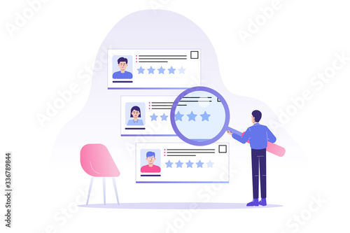 HR man analyzing and choosing job candidates with magnifying glass.  Concept of recruitment, headhunting and employment. Recruitment agency for employment. CV application. Vector web illustration