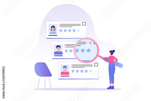 HR woman analyzing and choosing job candidates with a magnifying glass.  Concept of recruitment, headhunting and employment. Recruitment agency for employment. CV application. Vector web illustration
