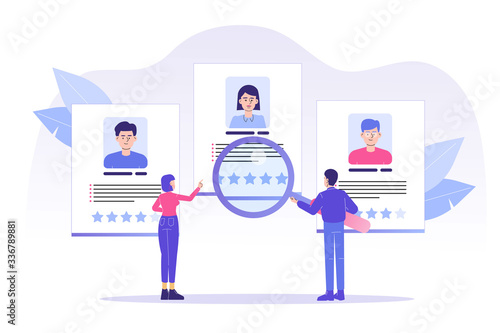 HR specialists analyzing job candidates with a magnifying glass. Concept of recruitment, headhunting and employment. Recruitment agency for employment. CV application. Vector web illustration