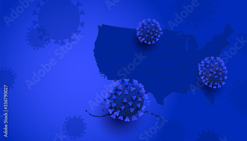 The Global Economic Impacts of COVID-19. World globe infected with coronavirus epidemic cells and USA map on blue background with copyspace for article, news, web banner or information flyer