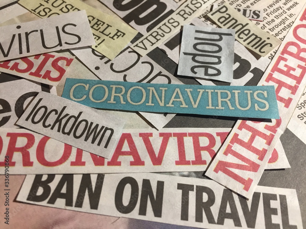 coronavirus headlines background  from newspapers UK, media collage 