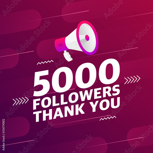 Megaphone with 5000 followers banner. Congratulations thank you 5k follower design template on designer background. Vector