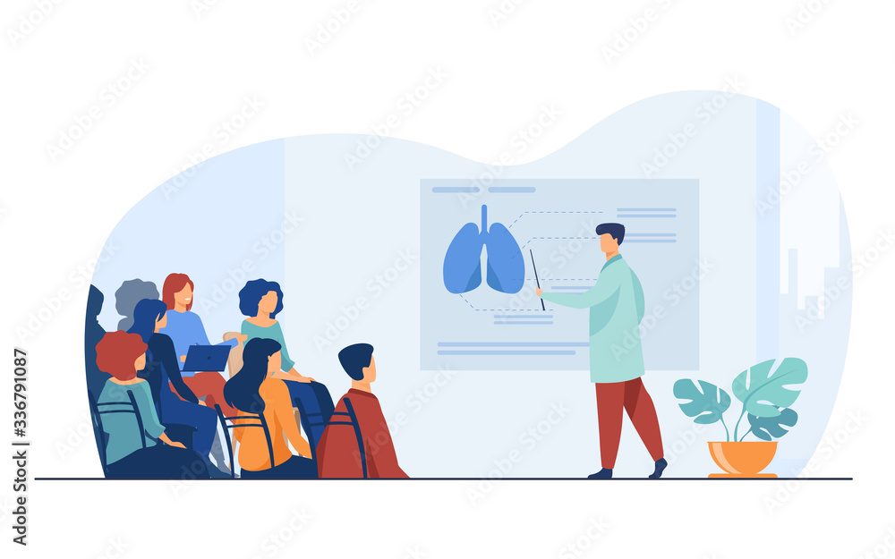 Vetor de Medical college professor teaching students. Doctor presenting ...