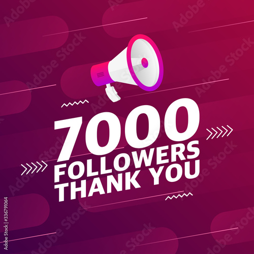 Megaphone with 7000 followers banner. Congratulations thank you 7k follower design template on designer background. Vector