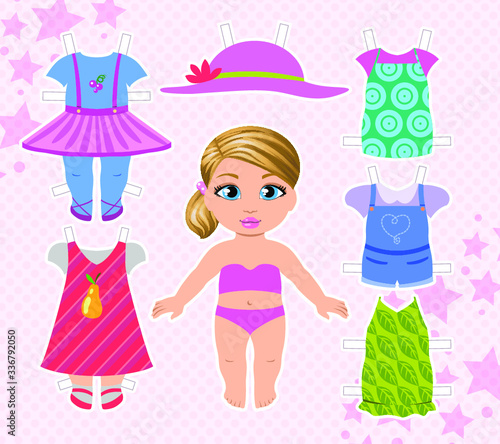 Cute dress up paper doll, set of summer clothes and hat