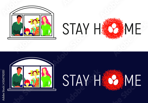 Husband, wife and cat at the window on self-isolation. Stay home to fight the spread of the COVID-19 epidemic, vector isolated illustration, logo, banner, poster with an appeal.