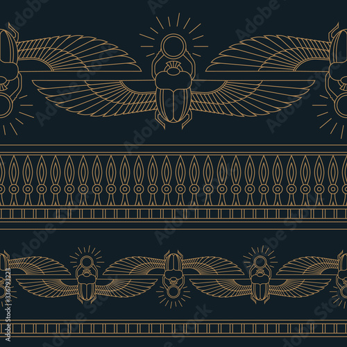 Color illustration of the Egyptian scarab beetle, personifying the god Khepri with seamless pattern.