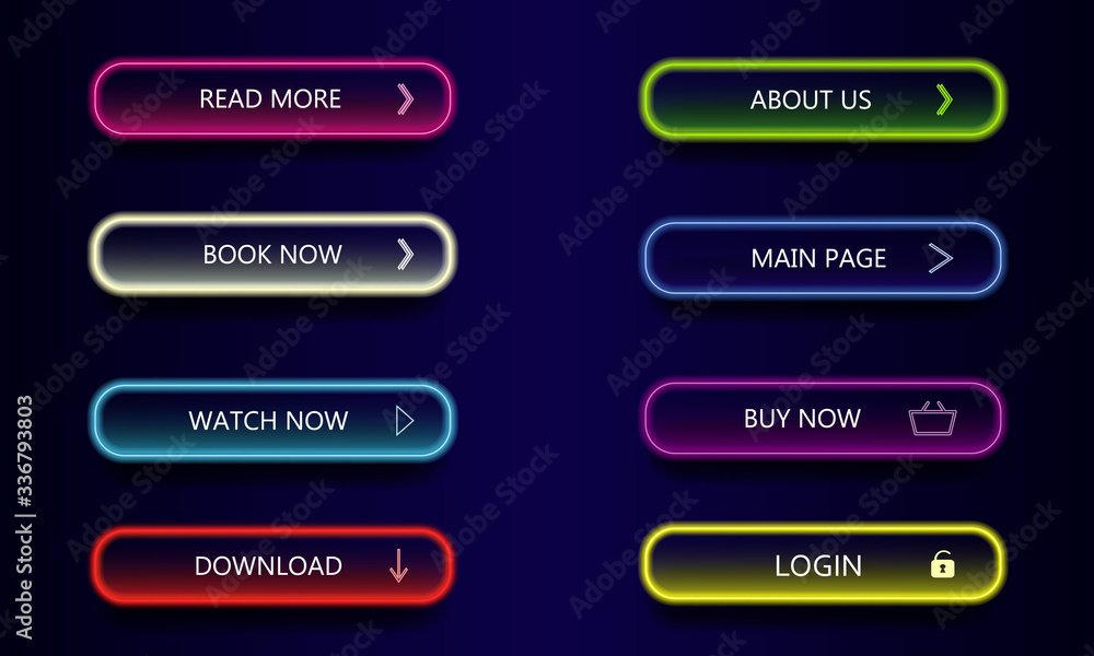 Modern neon glowing shop buttons on dark gtradient background. Buy now, watch now, learn more, download and read more in neon. Vector illustration for web site, shop and ui. Modern neon glowing shop buttons on dark gtradient background. Buy now, watch now, learn more, download and read more in neon. Vector illustration for web site, shop and ui.