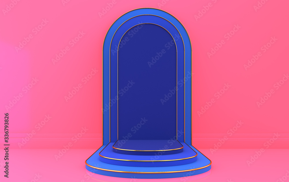 Arc with a podium in blue colors, minimal portal with gold detail, 3d rendering, scene with geometrical forms, minimal abstract background Arc with a podium in blue colors, minimal portal with gold detail, 3d rendering, scene with geometrical forms, minimal abstract background