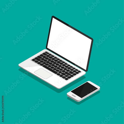 Open laptop and smartphone in isometric projection. Empty or blank display screen. Computer mock up isolated on violet background. Equipment for office. Vector illustration.	