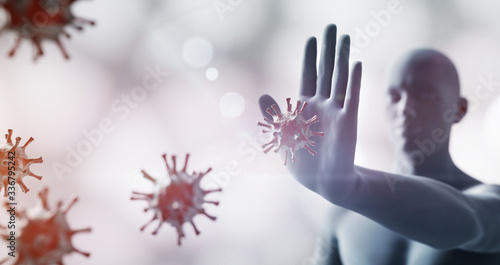 Man stopping coronavirus. Immune system defend from corona virus COVID-19.