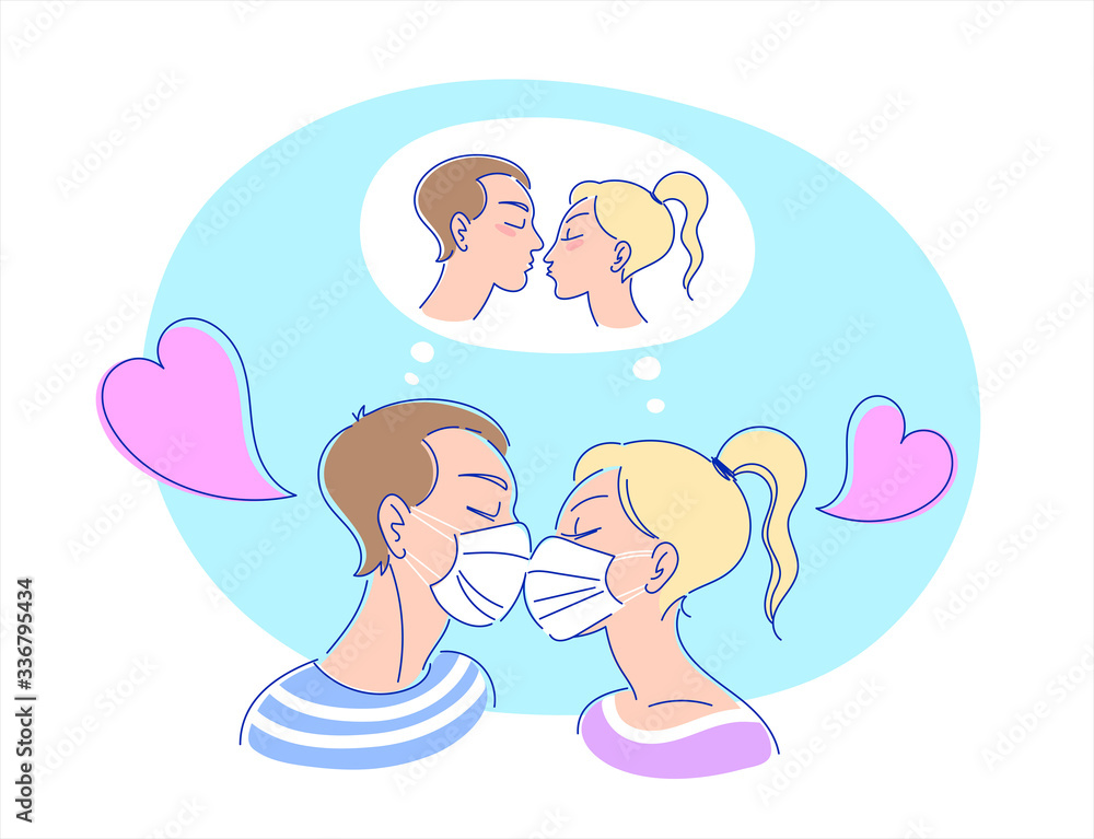 Corona virus pandemic romantic vector illustration. Kissing couple in protective medical face masks dreaming of real kiss. Young man and woman in profile, cute cartoon hearts. Simple flat line design.