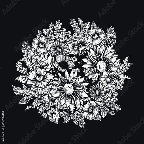 Wallpaper Mural Vector Black and White Summer Flower Bouquet Illustration Torontodigital.ca