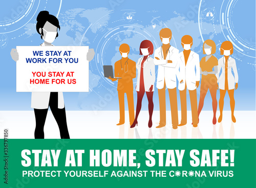 Team of doctors, nurse and health care professional requesting to stay at home and stay safe, new corna awareness campaign vector illustrations silhouette