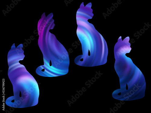 A set of silhouettes of cats in the moonlight, figures of cats of cosmic colors.