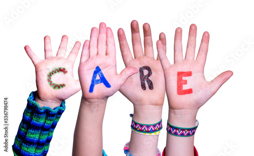 Children Hands Building Colorful English Word Care. White Isolated Background
