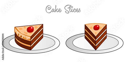 Slice of cake. a slice of fruity cherry sour raspberry brownie.  One part pie in pentad, sixth in eighth. for birthdays and parties. Front, side, perspective,  isometric view. Education draw vector