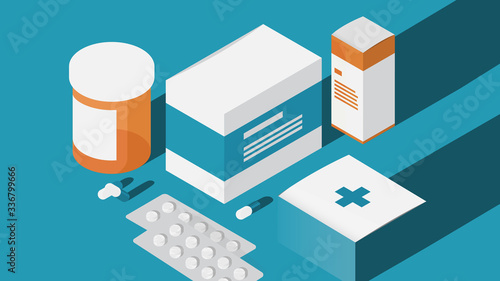 Medicine Isometric Blue Background. Pills, Capsules or Tablets And Vatious Pharmaceutical Packages. Editable Eps Vector Illustration. Flat Minimal Design