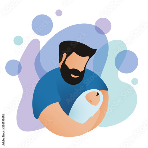 Dad hugging and cuddling with his baby, cute image of fatherhood.  Modern vector in flat style. father gently holding his newborn baby, parenthood concept. Super Dad Super Hero