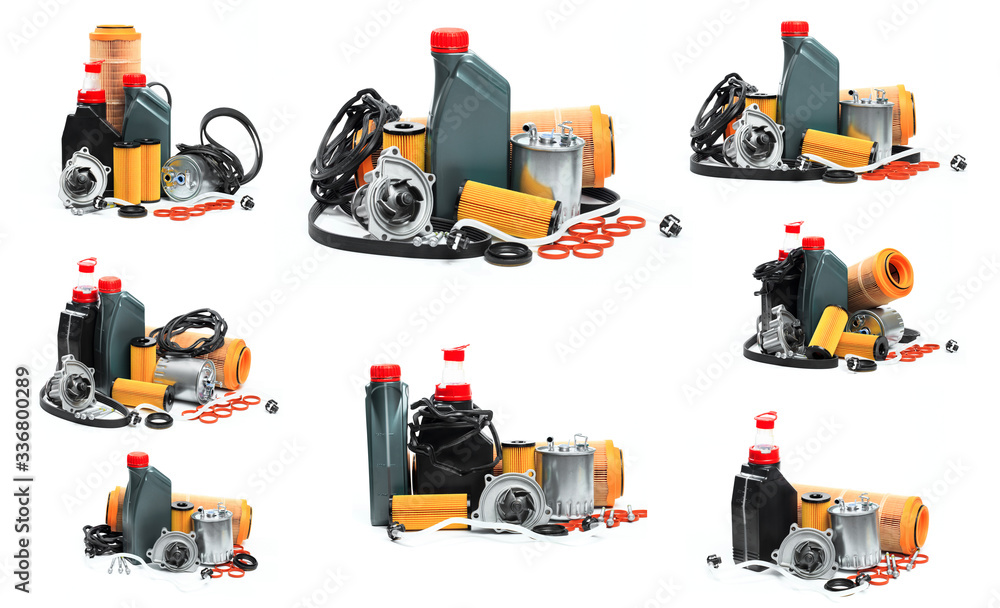 Fototapeta premium set of parts for scheduled car maintenance.Oil , air , fuel filter, Water pumps motor, belt car engine for car on white background - Image