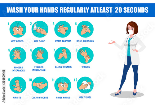 Wash your hands regularly at least 20 seconds, hand washing steps vector illustrations