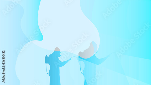 Coronavirus crisis: disinfection and sterilization operation. Workers in protective clothing sanitizing the streets of the city. Cyan or blue template. Flat minimal background, Vector Illustration