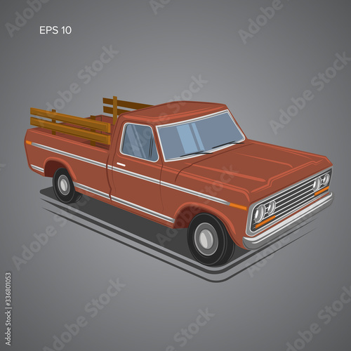 Old retro pickup truck vector illustration. Vintage transport vehicle