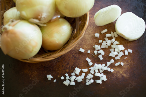 Onions whole sliced and chopped grown in a home garden