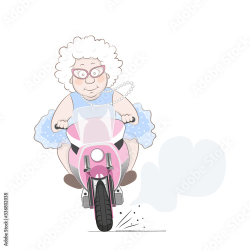 Vector illustration of a cute old lady riding a motorcycle.Cartoon character isolated on a white background.
