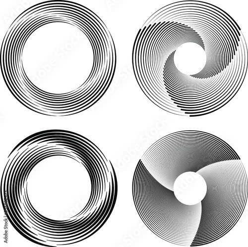 Set of radial black curved speed lines in spiral form. Geometric art. Trendy design element for frame, logo, tattoo, sign, symbol, web pages, prints, posters, template, pattern and abstract background