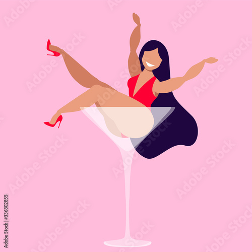 Woman in a martini glass isolated illustration. Beautiful brunette in red bodysuit and high heel shoes sitting in a glass of martini. Happy female character. Trendy vector design. Retro style poster.