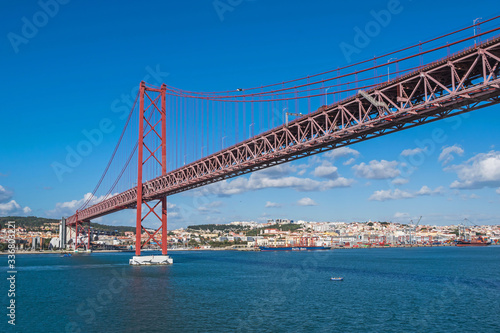 Northern bank of the Tagus river and the 25 de Abril Bridge of Lisbon, capital of Portugal