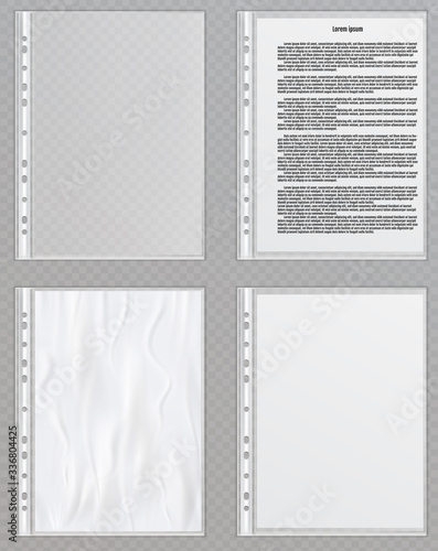 Vector transparent plastic files. Cellophane folders to protect documents