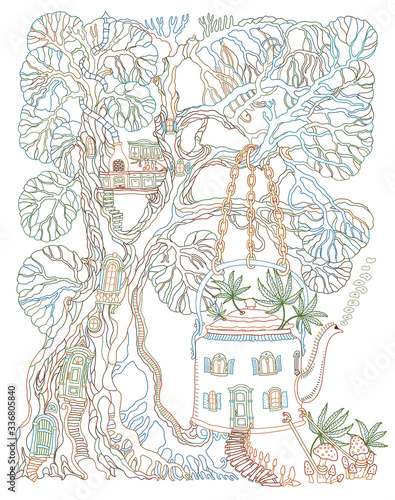 Fantasy Tree house and Futuristic house in tea pot in psychedelic colors with fly agaric mushrooms and cannabis hemp leaves on a white background. Hippie party invitation, batik print, coloring book