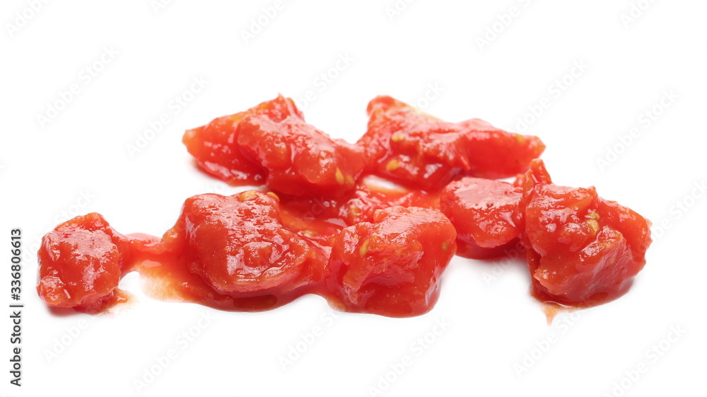 Tomato cubes, pieces organic pure texture, isolated on white background Tomato cubes, pieces organic pure texture, isolated on white background