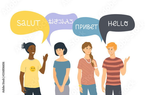 Multiethnic and multiracial relationships concept. Two happy young couples standing together and saying hello in their native languages. Vector illustration