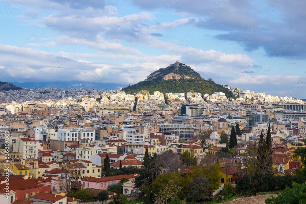 Mount Lycabettus in Athens, Greece. Picturesque city skyline view