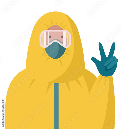 Vector illustration in flat style of a medic or doctor in a suit of biological protection against coronavirus