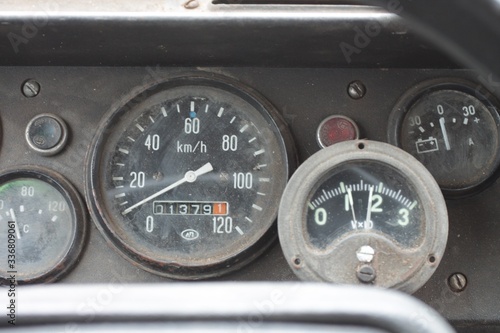 Old Soviet car LUAZ 969M. Door handle close-up. instrument panel fragment.