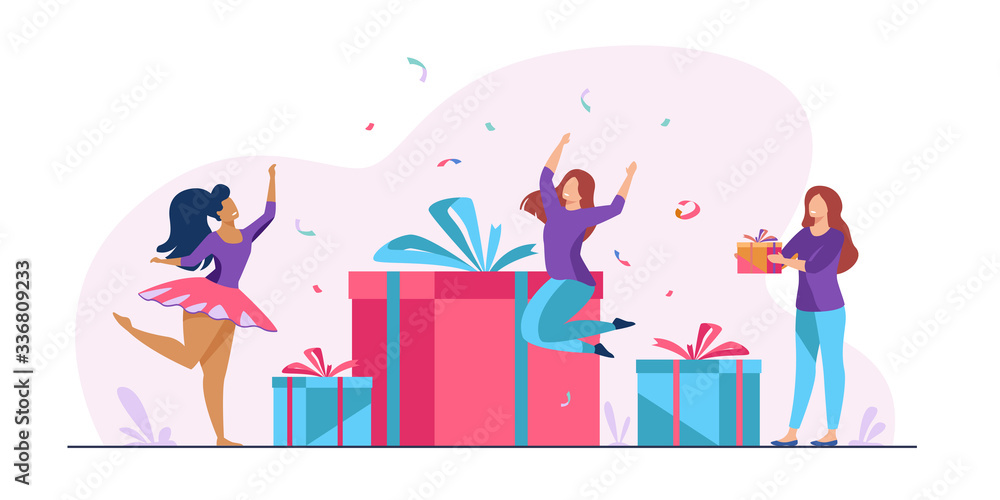 Group of young people celebrating birthday in surprise party. Friends  giving gift boxes wot birthday girl. Vector illustration for celebration,  festive event, presents, fun concept Stock Vector | Adobe Stock