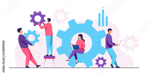 Business team working on cogwheel mechanism together. People carrying gears, using laptops . Vector illustration for teamwork, technology, solution, engineering concept