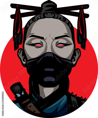Angry assassin female with evil yeys badge style
