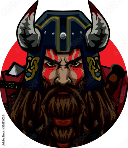 Angry barbarian warior with evil yeys badge style
 photo