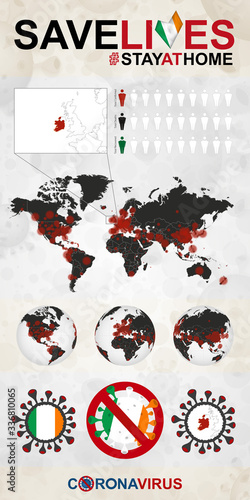 Infographic about Coronavirus in Ireland – Stay at Home, Save Lives. Ireland Flag and Map